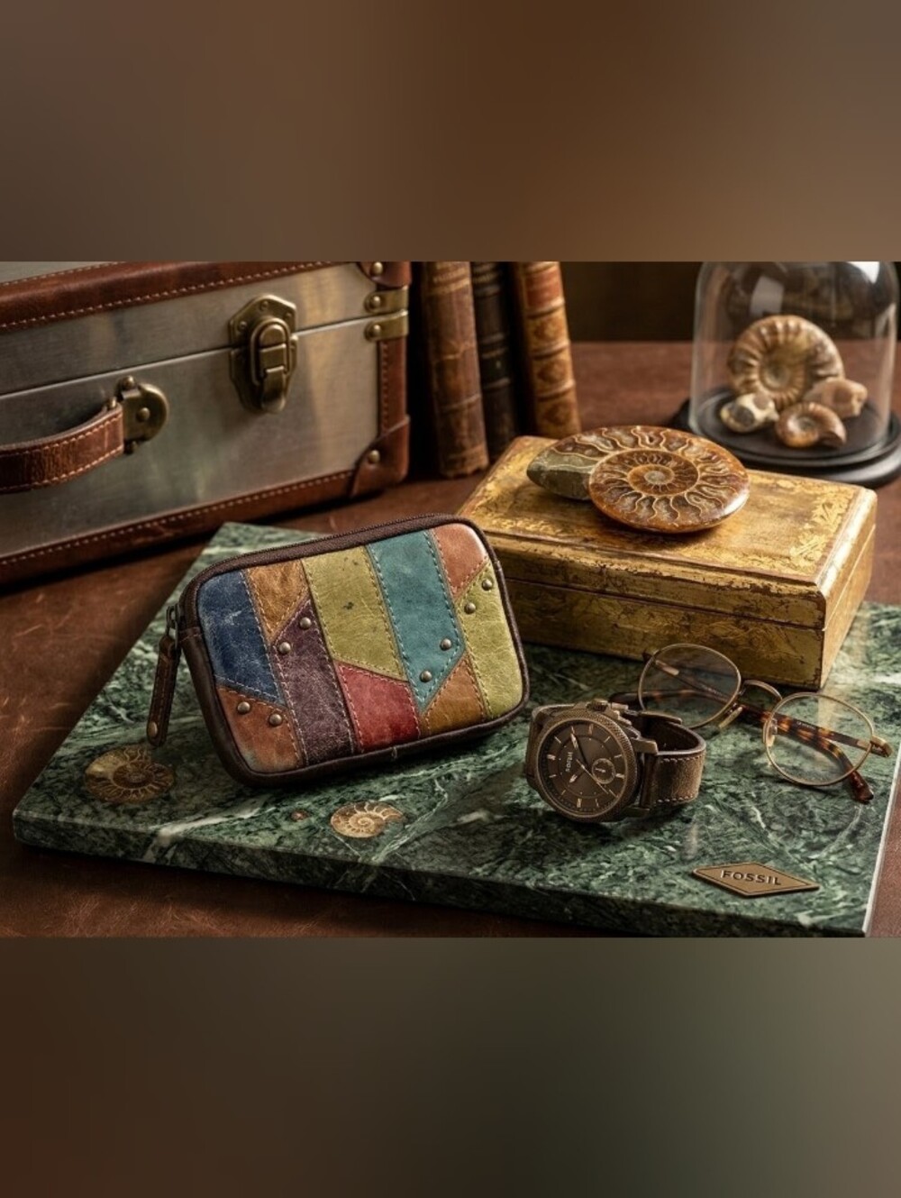 Vintage Fossil Patchwork Genuine Leather Coin Pouch